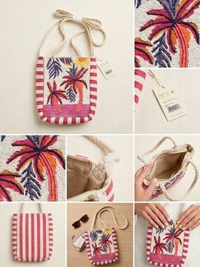 🌴 NWT Tropical Beaded Palm Tree Crossbody Bag | Pink Stripe Boho Summer Resort